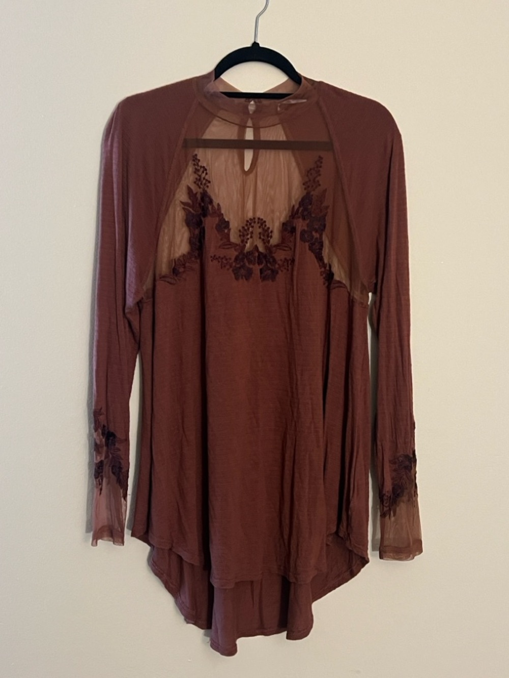 Free People Brown Sheer Yoke Embroidered Tunic